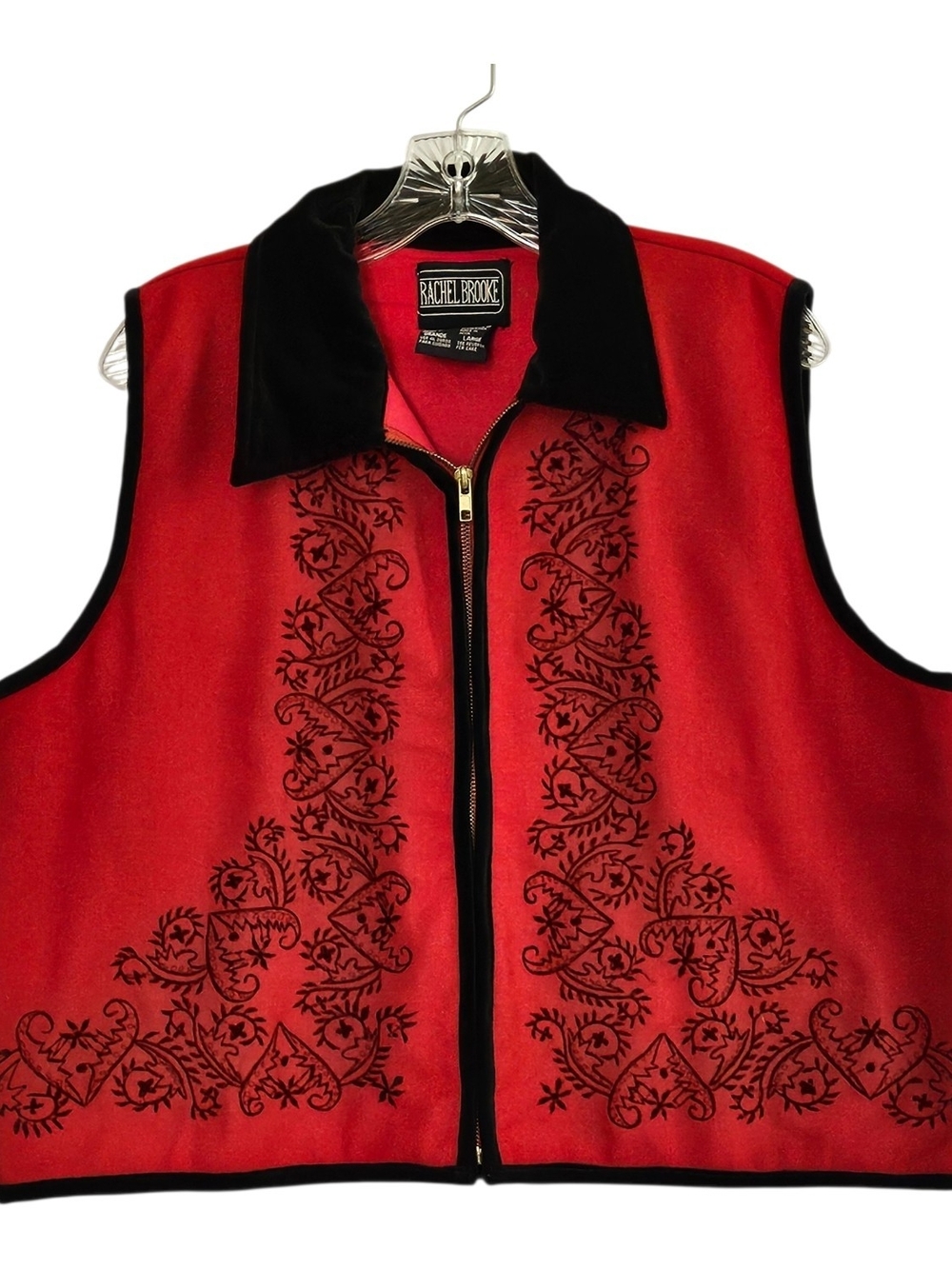 Rachel Brooke Embroidered Wool Zip-Up Vest Women L Red Black Holiday Christmas